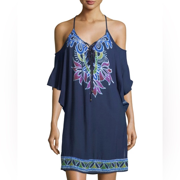 Trina Turk Lotus Batik Cold Shoulder Crinkled Gauze Coverup Blue Size Medium - Picture 1 of 8